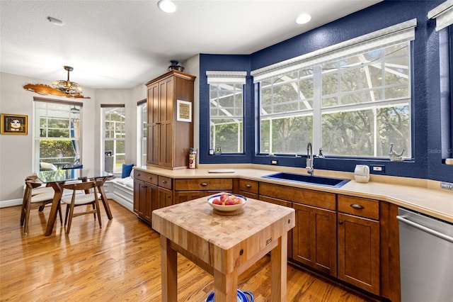 5902 Audubon Manor Blvd, Lithia, FL 33547 - kitchen with stainless steel dishwasher, a sink, light wood-style floors, and light countertops