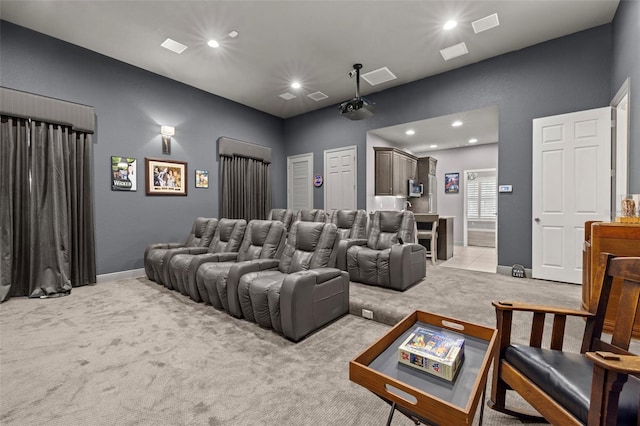 5902 Audubon Manor Blvd, Lithia, FL 33547 - home theater featuring light colored carpet, recessed lighting, and baseboards