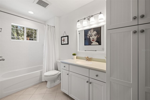 5902 Audubon Manor Blvd, Lithia, FL 33547 - bathroom featuring vanity, toilet, shower / bathtub combination with curtain, and tile patterned floors