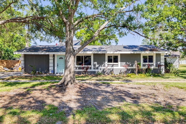 view of front of house featuring stucco siding and fence