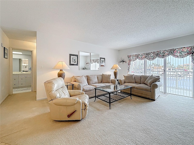 living room featuring a textured ceiling and light colored carpet