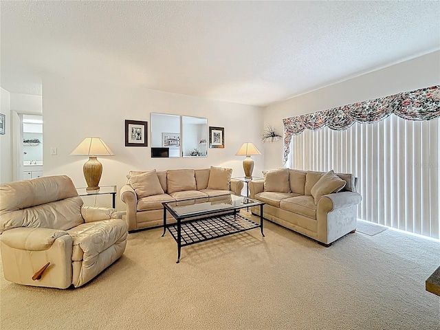 living room featuring a textured ceiling and light colored carpet