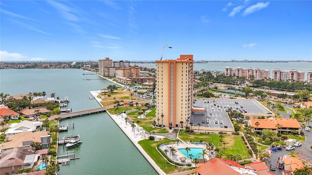 aerial view with a water view and a city view