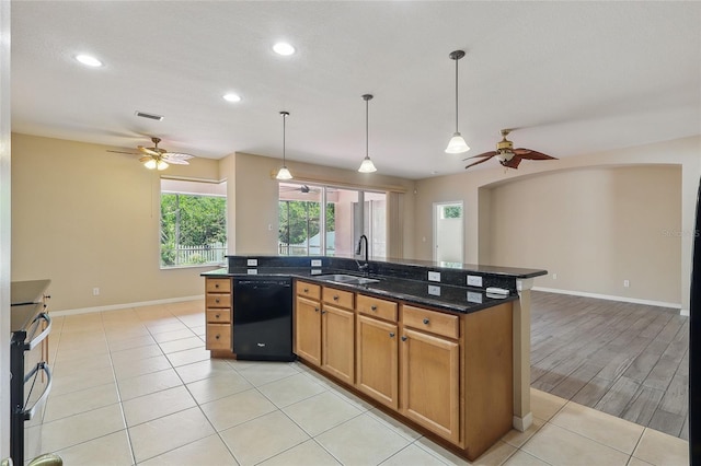 11716 Summer Springs Dr, Riverview, FL 33579 - kitchen featuring a ceiling fan, black dishwasher, a sink, open floor plan, and recessed lighting