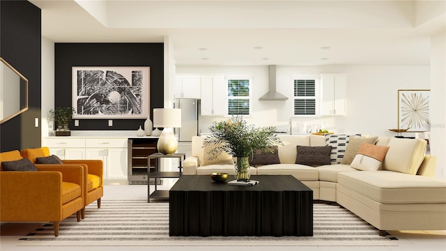 living room with recessed lighting and beverage cooler