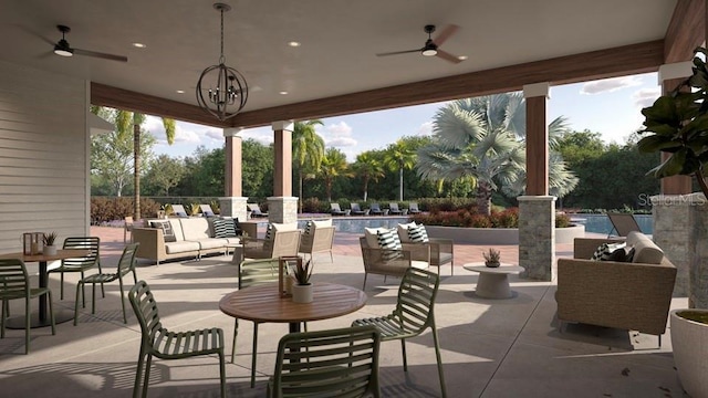 view of patio / terrace featuring an outdoor living space, a ceiling fan, and a community pool