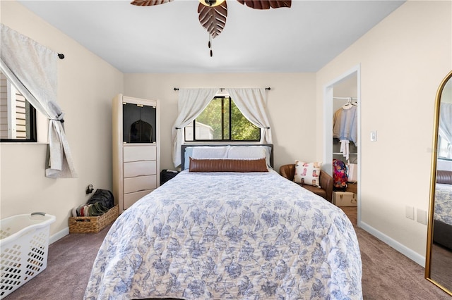 bedroom with baseboards, carpet floors, and ceiling fan