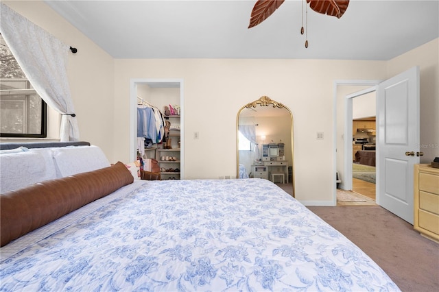 carpeted bedroom featuring a walk in closet, ceiling fan, baseboards, and a closet
