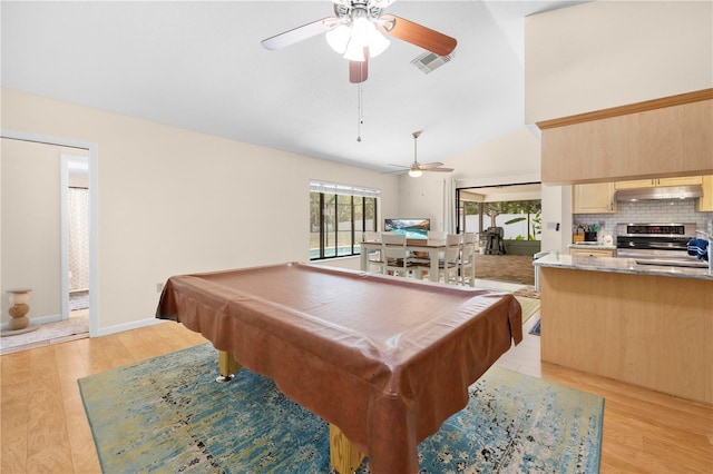 rec room featuring ceiling fan, lofted ceiling, billiards, and light wood-type flooring