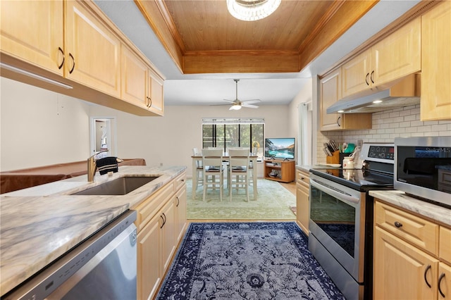 kitchen featuring under cabinet range hood, stainless steel appliances, a tray ceiling, light brown cabinets, and a sink
