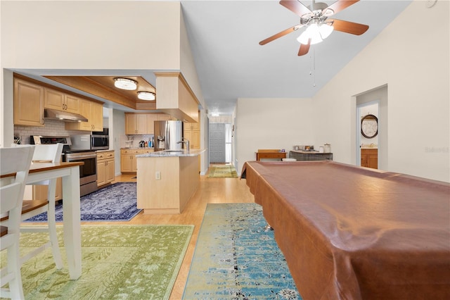 recreation room featuring lofted ceiling, light wood finished floors, pool table, and a ceiling fan