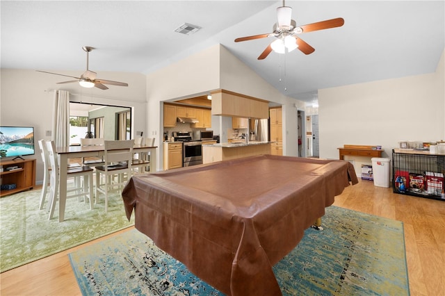 playroom featuring billiards, vaulted ceiling, visible vents, a ceiling fan, and light wood-type flooring