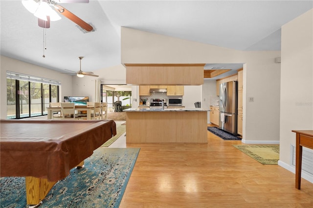 game room featuring vaulted ceiling, a ceiling fan, pool table, light wood-style flooring, and baseboards