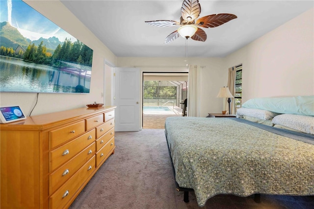 bedroom featuring a ceiling fan, access to outside, and carpet flooring