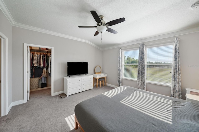 carpeted bedroom with a closet, ornamental molding, baseboards, a walk in closet, and a textured ceiling