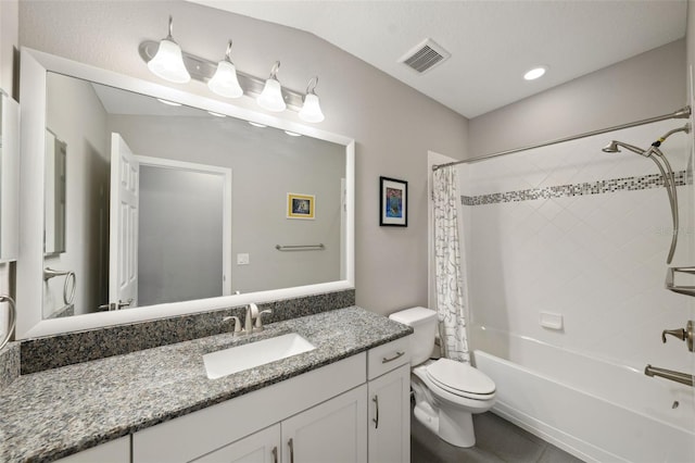 full bath featuring visible vents, vanity, toilet, tile patterned floors, and shower / bath combo