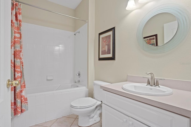 bathroom featuring shower / tub combo with curtain, toilet, tile patterned flooring, and vanity