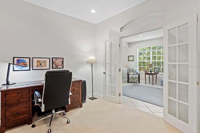 carpeted office with tile patterned floors, french doors, recessed lighting, and baseboards