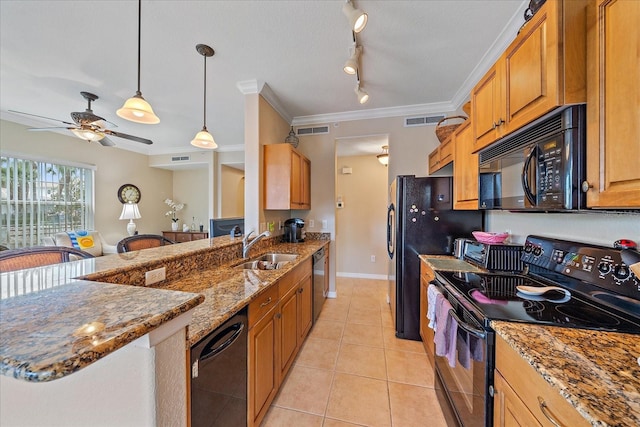 600 Gardens Edge Dr Unit 614, Venice, FL 34285 - kitchen with black appliances, a sink, a ceiling fan, stone countertops, and light tile patterned flooring