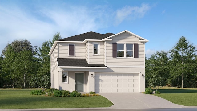 traditional home featuring a garage, driveway, a front lawn, and roof with shingles