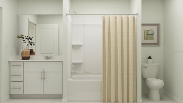full bath with vanity, baseboards, shower / tub combo, toilet, and tile patterned flooring
