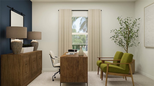 office space with baseboards and light colored carpet