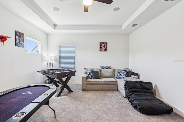 3952 Bonfire Dr, Odessa, FL 33556 - interior space featuring a tray ceiling, carpet, a ceiling fan, and visible vents