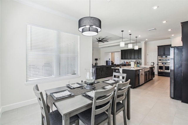 3952 Bonfire Dr, Odessa, FL 33556 - dining space featuring recessed lighting, baseboards, light tile patterned floors, visible vents, and ceiling fan