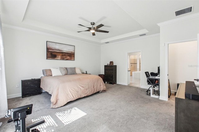 3952 Bonfire Dr, Odessa, FL 33556 - bedroom with carpet flooring, a tray ceiling, crown molding, visible vents, and baseboards