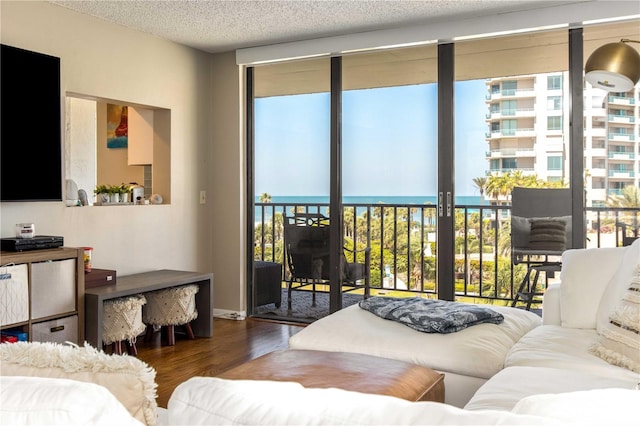 1581 Gulf Blvd Unit 301N, Clearwater Beach, FL 33767 - living room with french doors, wood finished floors, a wealth of natural light, and a water view