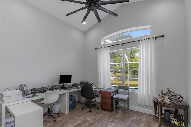 office area featuring high vaulted ceiling, ceiling fan, and wood finished floors