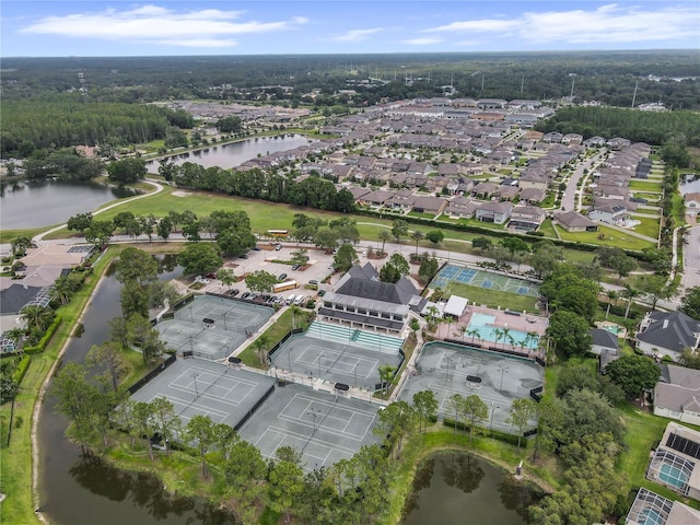aerial view featuring a residential view and a water view