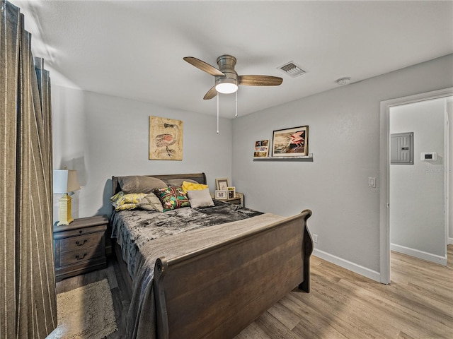 131 Oak Park Ave, Brooksville, FL 34601 - bedroom featuring electric panel, light wood-type flooring, ceiling fan, baseboards, and visible vents
