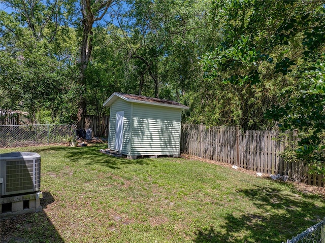 131 Oak Park Ave, Brooksville, FL 34601 - view of yard with a fenced backyard, an outbuilding, cooling unit, and a shed