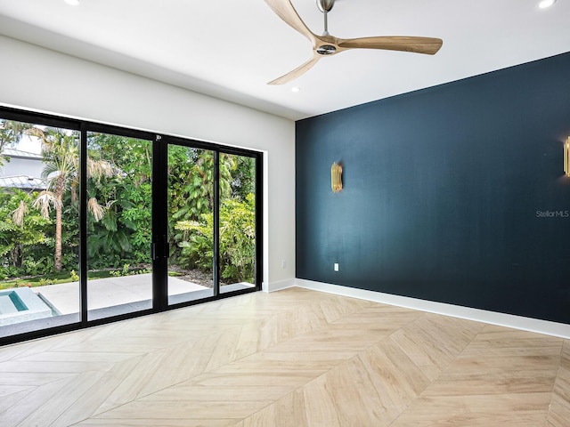empty room with recessed lighting, baseboards, and ceiling fan