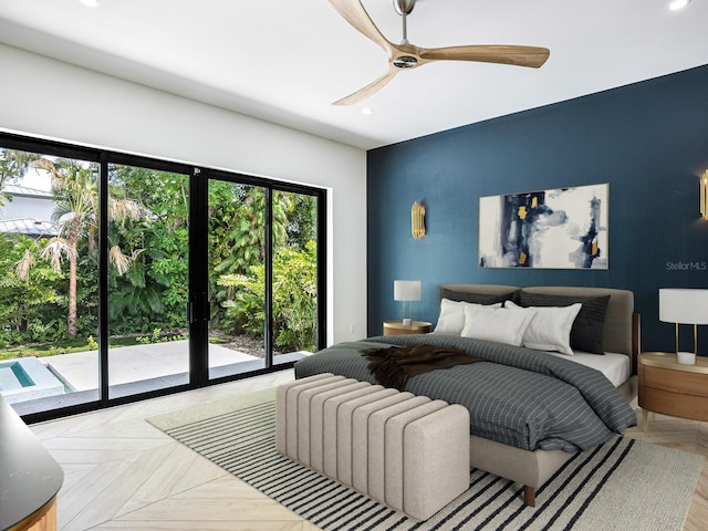 bedroom with ceiling fan, an accent wall, access to exterior, and recessed lighting