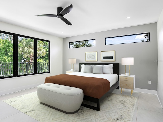 bedroom featuring light tile patterned floors, baseboards, recessed lighting, and ceiling fan