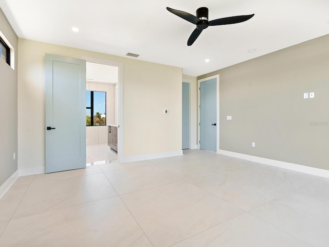 unfurnished room featuring ceiling fan, baseboards, visible vents, and recessed lighting