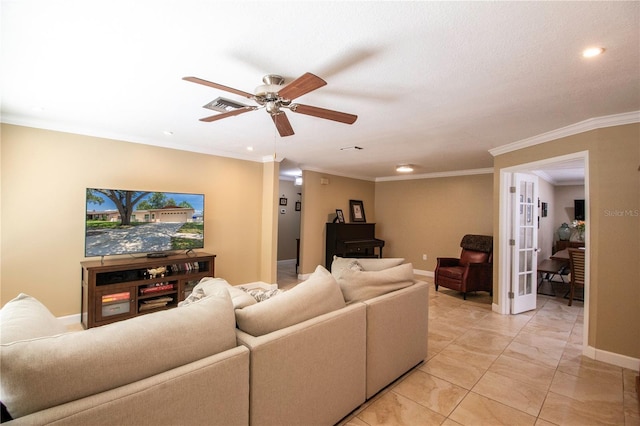 11210 Wheeling Dr, Tampa, FL 33625 - living area with a ceiling fan, a wood stove, recessed lighting, ornamental molding, and baseboards