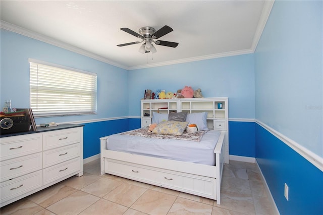 11210 Wheeling Dr, Tampa, FL 33625 - bedroom featuring crown molding, a ceiling fan, light tile patterned floors, and baseboards