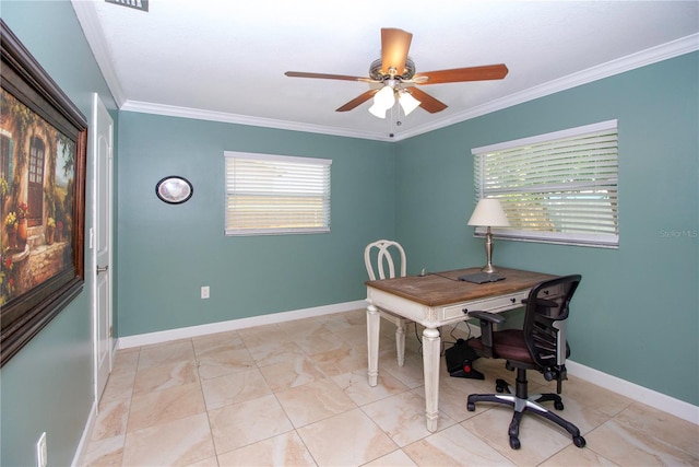 11210 Wheeling Dr, Tampa, FL 33625 - home office with healthy amount of natural light, ceiling fan, ornamental molding, and baseboards