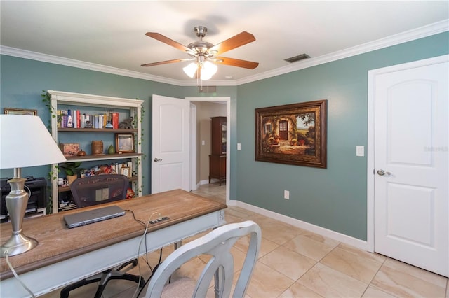11210 Wheeling Dr, Tampa, FL 33625 - office featuring ceiling fan, ornamental molding, baseboards, and light tile patterned floors