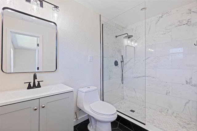 full bath with tile patterned floors, visible vents, toilet, vanity, and walk in shower