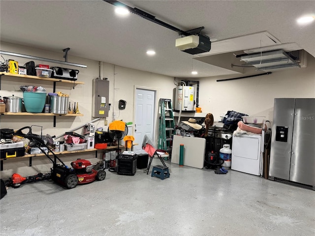 garage with stainless steel fridge with ice dispenser, water heater, a garage door opener, washer / clothes dryer, and electric panel