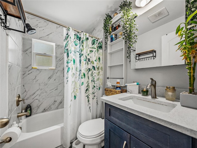 bathroom featuring vanity, toilet, and shower / tub combo with curtain