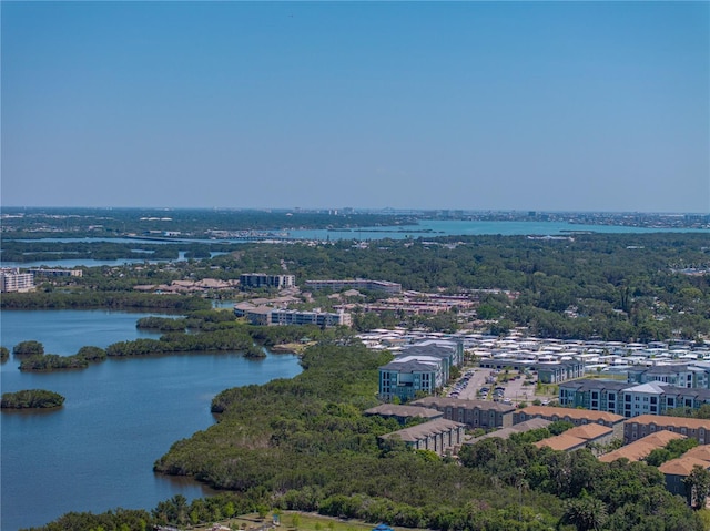 bird's eye view with a water view