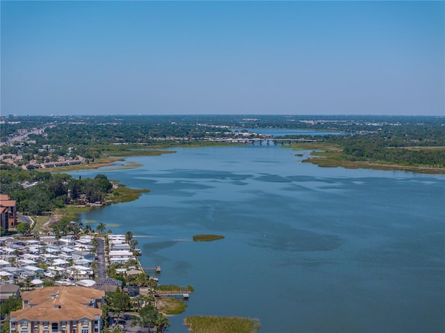 drone / aerial view featuring a water view
