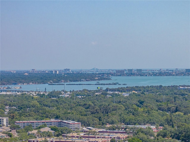drone / aerial view with a water view and a city view