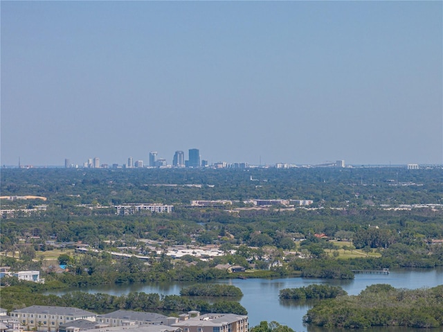 drone / aerial view with a water view and a city view