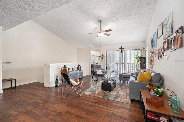 5636 Baywater Dr Unit 5636, Tampa, FL 33615 - living area with a textured ceiling, a ceiling fan, vaulted ceiling, and wood finished floors